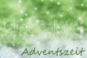 Green Sparkling Christmas Background, Snow, Adventszeit Means Advent Season