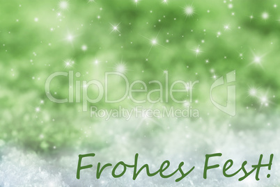 Green Sparkling Background, Snow, Frohes Fest Means Merry Christmas