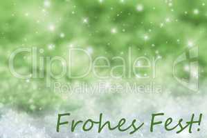 Green Sparkling Background, Snow, Frohes Fest Means Merry Christmas