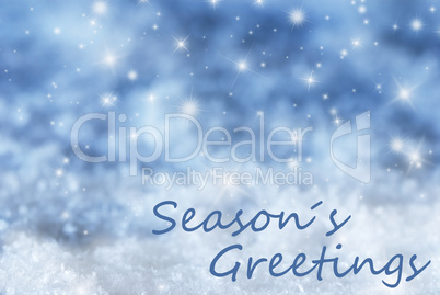 Blue Sparkling Christmas Background, Snow, Text Seasons Greetings