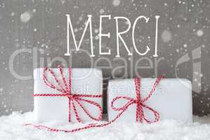 Two Gifts With Snowflakes, Merci Means Thank You