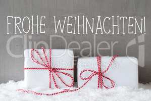 Two Gifts With Snow, Frohe Weihnachten Means Merry Christmas