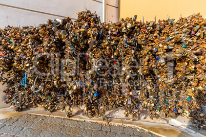 Love padlock wall in center of the city. 16 august 2016