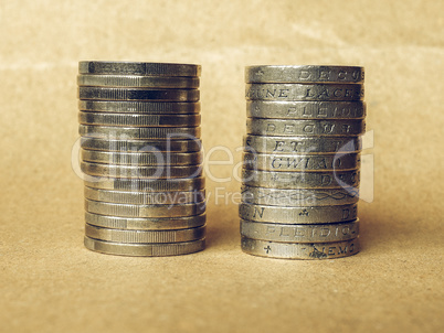 Vintage Euro and Pound coins pile