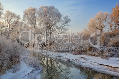snow landscape with frosted trees and river