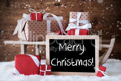 Sleigh With Gifts, Snow, Snowflakes, Text Merry Christmas Sleigh With Gifts, Snow, Snowflakes, Text Merry Christmas