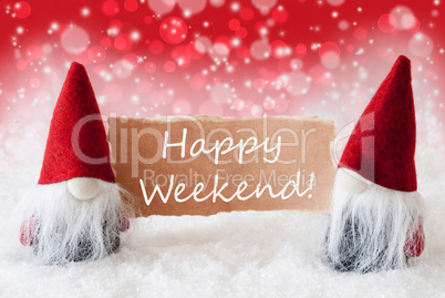 Red Christmassy Gnomes With Card, Text Happy Weekend