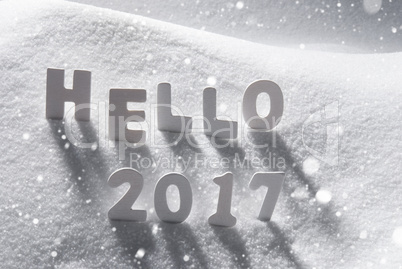 Text Hello 2017 With White Letters In Snow, Snowflakes