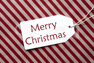 Label On Red Wrapping Paper, Text Merry Christmas