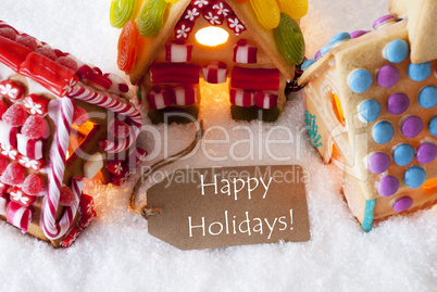 Colorful Gingerbread House, Snow, Text Happy Holidays