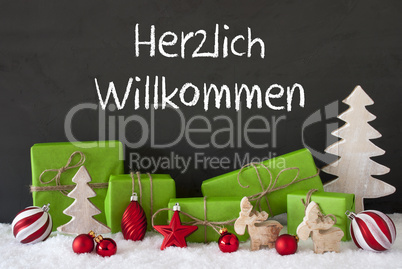 Christmas Decoration, Cement, Snow, Herzlich Willkommen Means Welcome