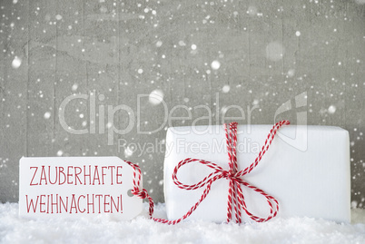 Gift, Cement Background With Snowflakes, Weihnachten Means Magic Christmas