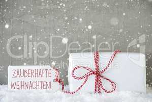 Gift, Cement Background With Snowflakes, Weihnachten Means Magic Christmas