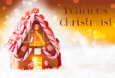 Gingerbread House, Golden Background, Text Delicious Christmas