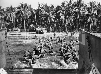 American troops storming the beaches during World War II