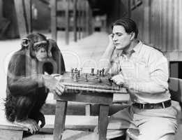 Man playing chess with monkey