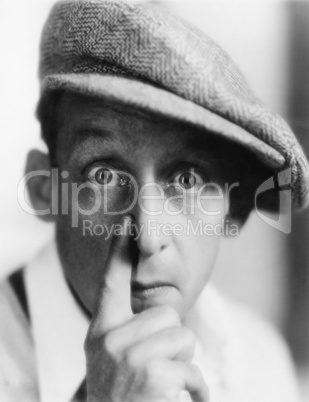 Man with cap putting his finger to nose