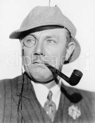 Man with a monocle, pipe and a deerstalker hat