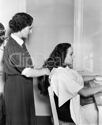 Profile of a female hairdresser cutting a young woman's hair