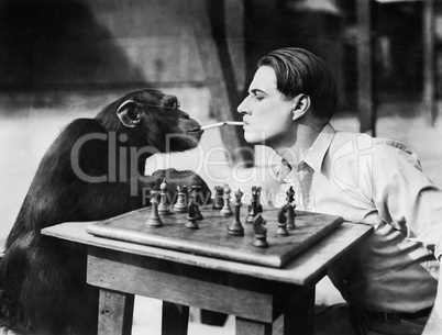 Profile of a young man and a chimpanzee smoking cigarettes and playing chess