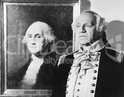 Portrait of George Washington with an impersonator next to the image