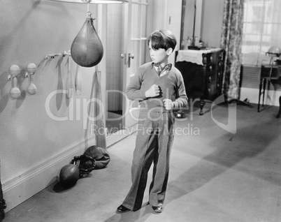 Boy with punching ball in the living room