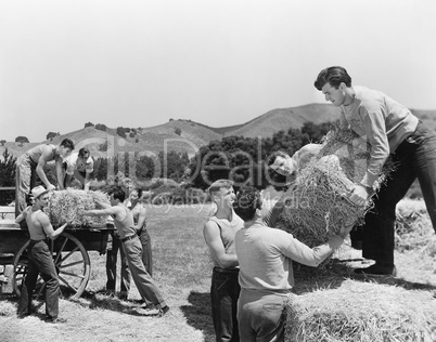 Men working on a farm loading hay