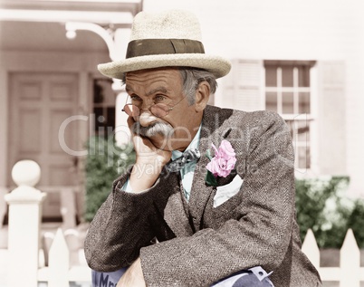 Man leaning on a picket fence looking into the distance