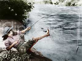 Woman who caught a small fish falling over backwards