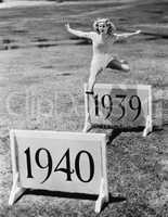 Woman jumping hurdles labeled with years