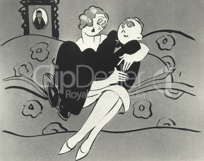 Illustration of man sitting in woman's lap