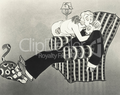 Illustration of woman kissing sleeping husband