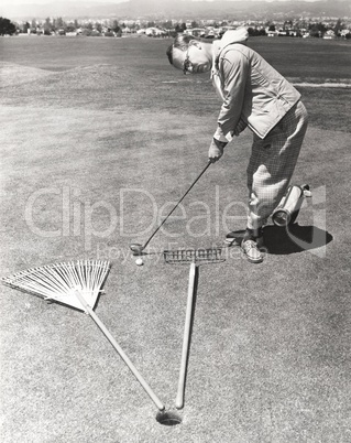 Caught between a rake and a gardening fork on the putting green