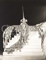 Woman in ornate bird costume standing on staircase