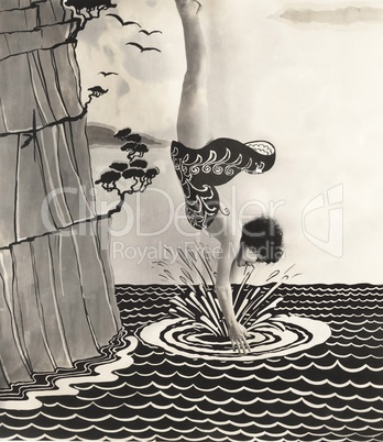 Young woman diving into water illustration