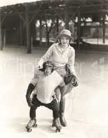 Woman with monkey on roller skates