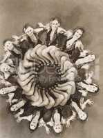 Dancers forming a circle with their legs