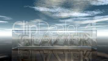 the word glazier in glass cube under cloudy sky - 3d rendering