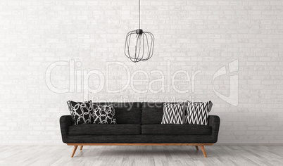 Interior of living room with sofa over brick wall 3d rendering