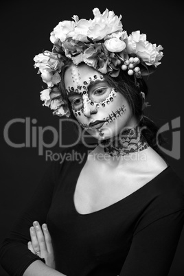 Halloween Makeup with Rhinestones and Wreath of Flowers