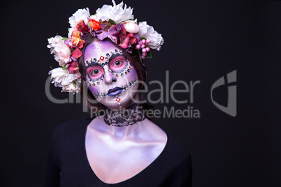 Halloween Makeup with Rhinestones and Wreath of Flowers