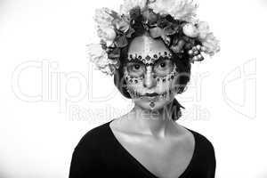Halloween Model with Rhinestones and Wreath of Flowers Isolated