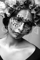 Halloween Fashion Model with Rhinestones and Wreath of Flowers