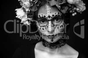 Halloween Model close-up with Rhinestones and Wreath of Flowers