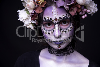 Halloween Model close-up with Rhinestones and Wreath of Flowers