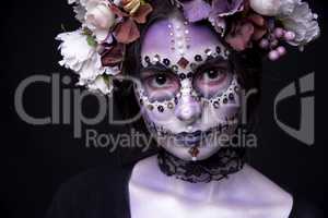 Halloween Model close-up with Rhinestones and Wreath of Flowers