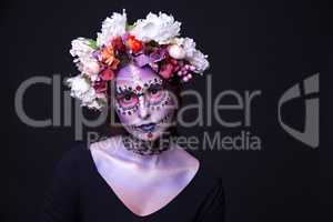 Halloween Makeup with Rhinestones and Wreath of Flowers