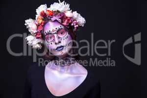 Halloween Makeup with Rhinestones and Wreath of Flowers