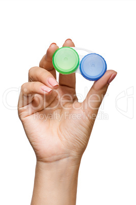 Woman with container for contact lenses