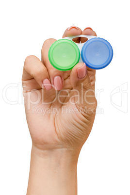 Woman with container for contact lenses